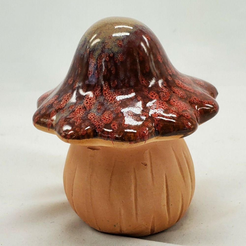 Art Pottery Mushroom Figurine Maroon Brown‎ Drip Glaze 3.5"T 2.75"W